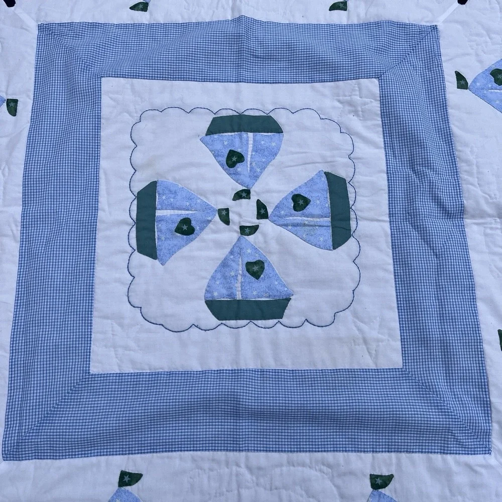 Handmade Sailboat Boys Crib Quilt, Green, White, Blue, One Of A Kind 40